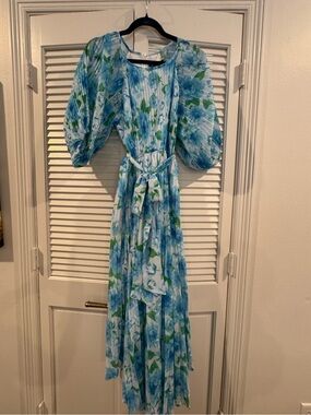 Boo hoo New w/ Tags Blue & Green Floral Pleated Maxi Dress with Puff Sleeves